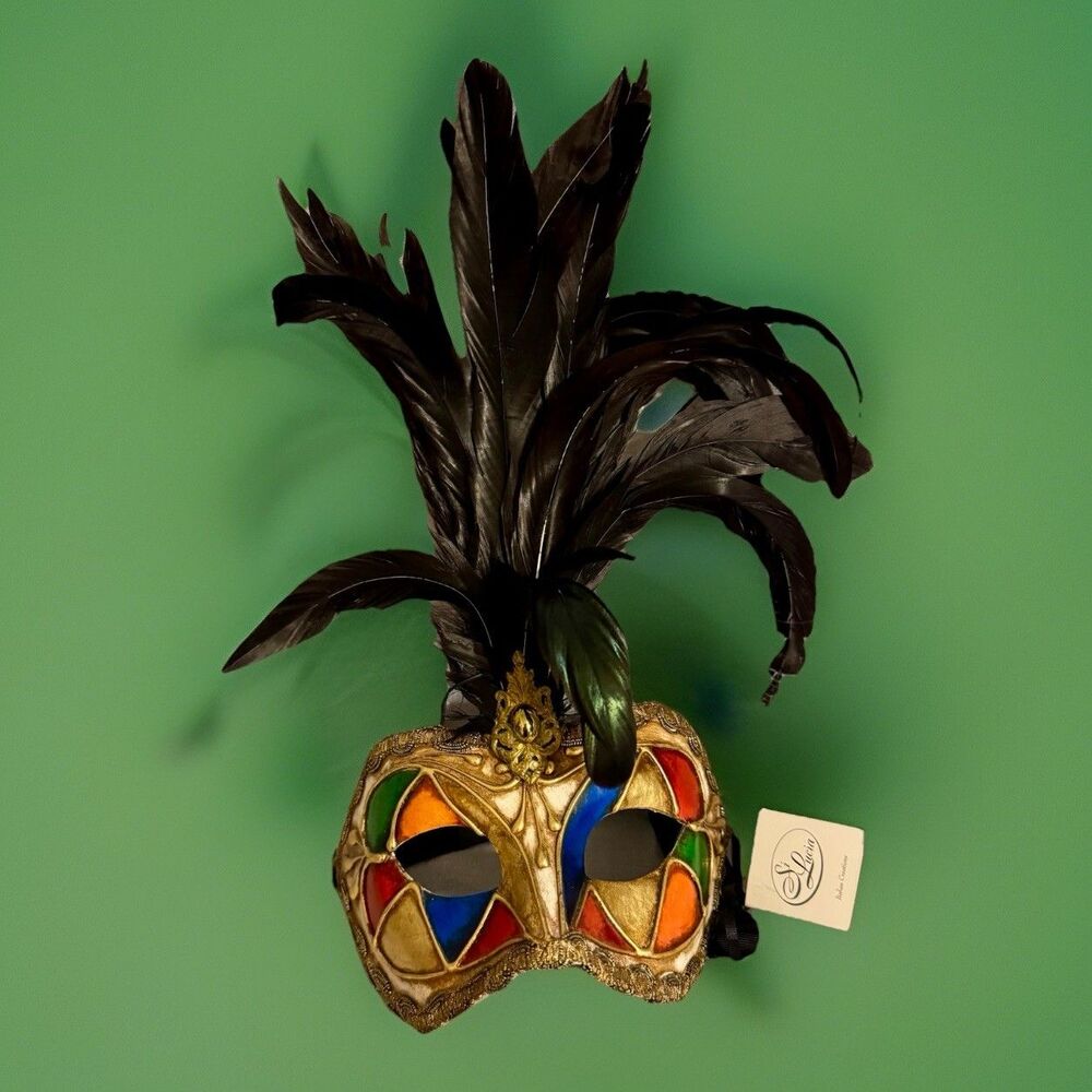 Si Lucia Imports Venetian Masquerade Mask Gold Accents & Ostrich Feathers
